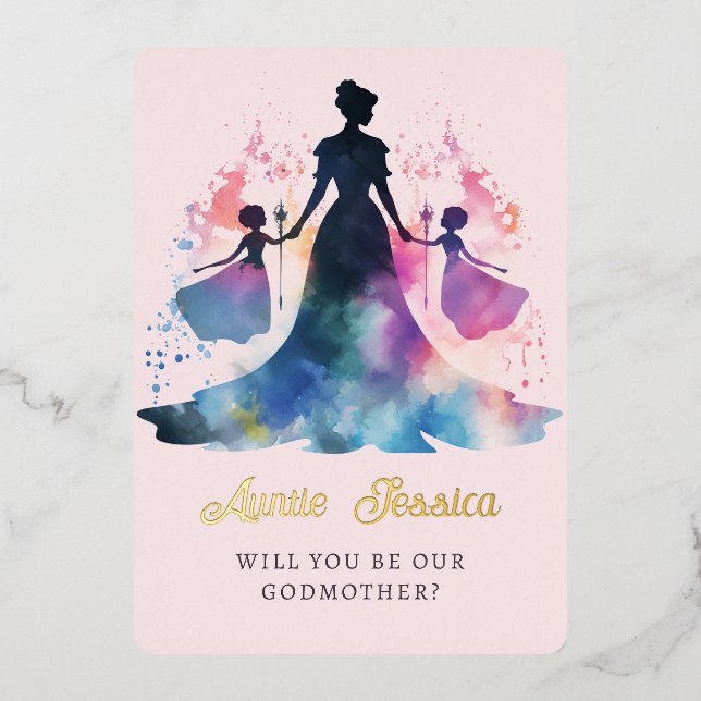 Fairy GIrls Sisters Watercolor Foto Godmutter Folieneinladung (Vorderseite)