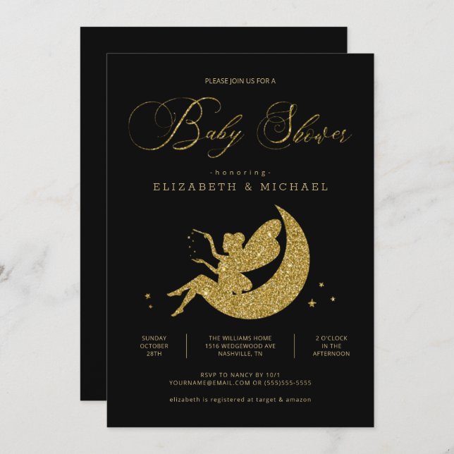 Fairy Gold Black Glitzer Girl Baby Dusche Einladung (Vorne/Hinten)