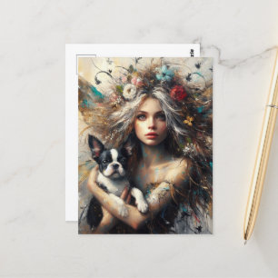 Fairy Holding a Niedlich Boston Terrier Puppy Postkarte