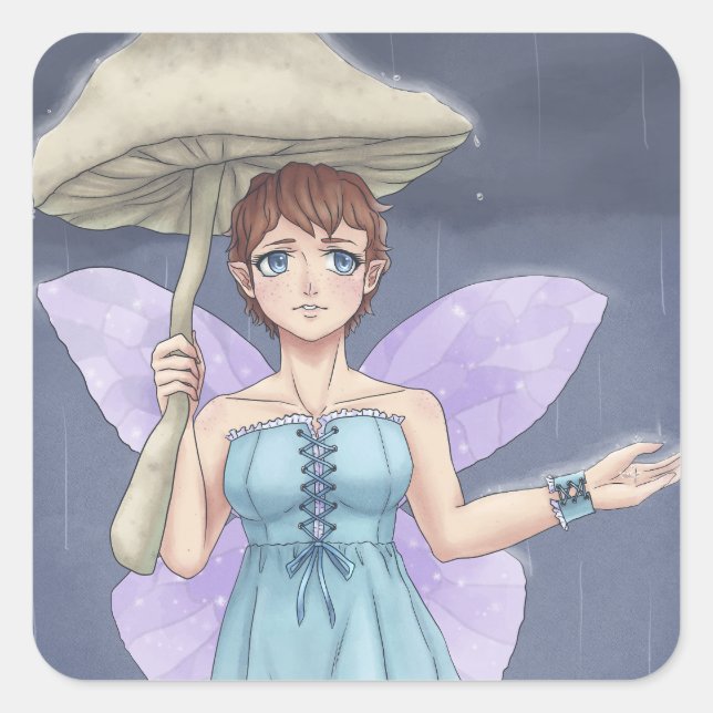 Fairy Holding Pilz-Regenschirm im Regen Quadratischer Aufkleber (Vorderseite)
