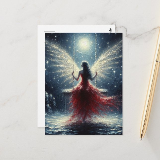 Fairy in einem roten Kleid auf dem Swing Postkarte (Vorderseite/Rückseite Beispiel)
