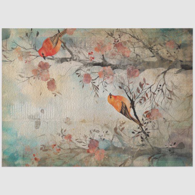 Fairy Land Spring Forest Orange Birds Seidenpapier (Vorderseite)
