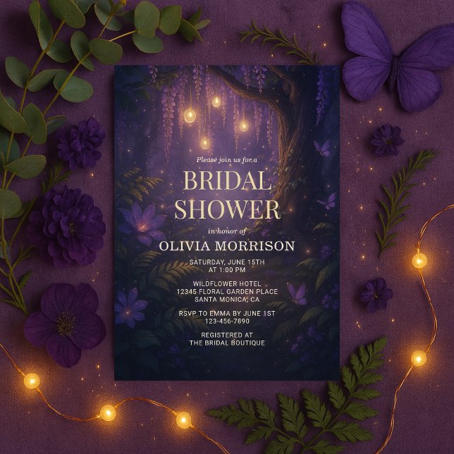 Fairy Lights Enchanted Forest Purple Bridal Shower Einladung (Von Creator hochgeladen)