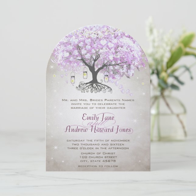 Fairy Lights Mason Jar Lavender Leaf Tree Wedding Einladung (Stehend Vorderseite)