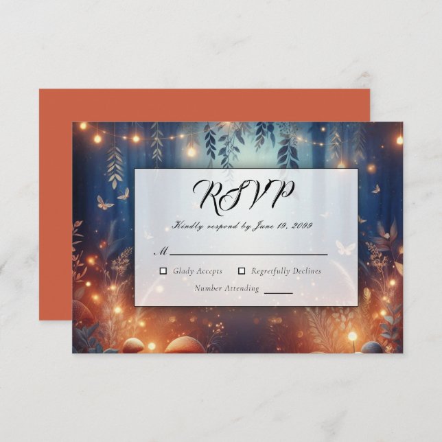 Fairy Lights und Moonlit Forest Magic Wedding RSVP Karte (Vorne/Hinten)