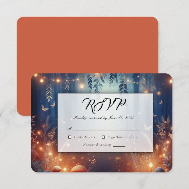 Fairy Lights und Moonlit Forest Magic Wedding RSVP Karte (Vorne/Hinten)
