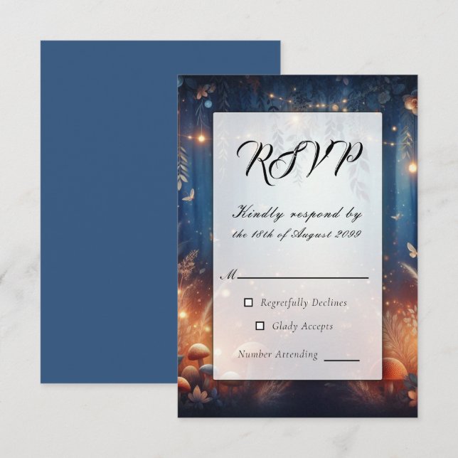 Fairy Lights und Moonlit Forest Magic Wedding RSVP Karte (Vorne/Hinten)