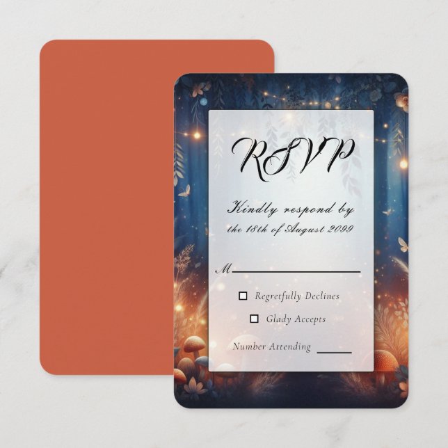 Fairy Lights und Moonlit Forest Magic Wedding RSVP Karte (Vorne/Hinten)