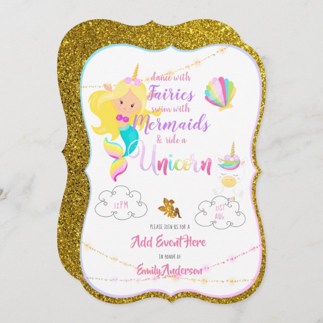 Fairy Mermaid Unicorn Einladungen Gold Glitzer (Vorne/Hinten)