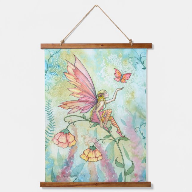 Fairy mit Butterfly Fantasy Illustration Art Wandteppich Mit Holzrahmen (Vorderseite)