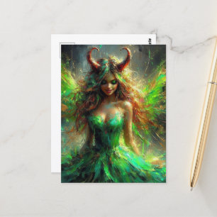 Fairy mit Hörnern in einem grünen Kleid Postkarte