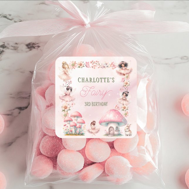 Fairy Mushroom House Pink Birthday Quadratischer Aufkleber (Von Creator hochgeladen)