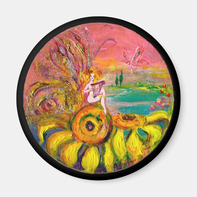 FAIRY OF THE SUNFLOWERS Gelb rosa schwarz Magnet (Vorne)