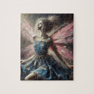 Fairy Patchwork Denim Dress Pink Wings Puzzle