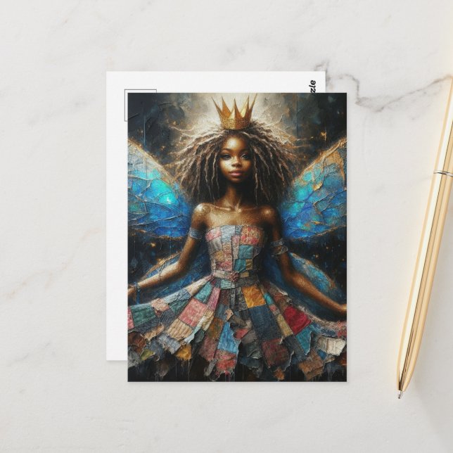 Fairy Patchwork Dress Blue Wings und eine Goldkron Postkarte (Vorderseite/Rückseite Beispiel)