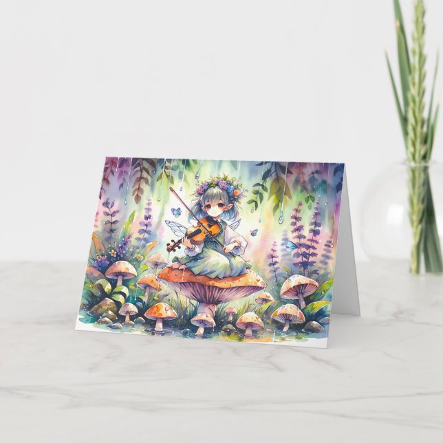 Fairy Playing Viola auf Mushroom Magical Birthday Karte (Vorderseite)