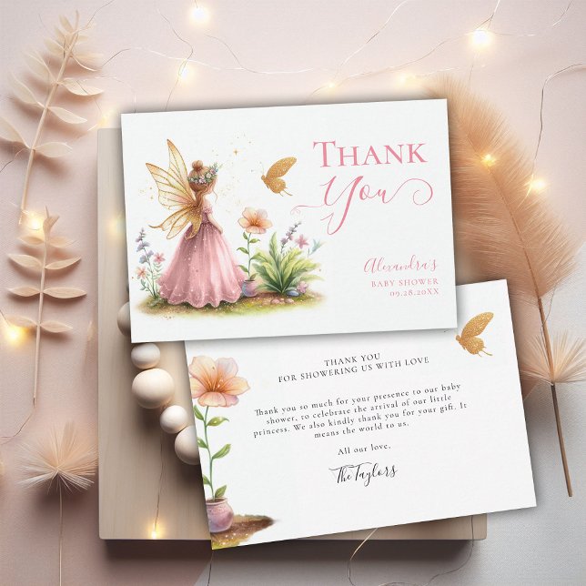 Fairy Princess Enchanted Garden Baby Girl Shower Dankeskarte (fairy princess baby girl shower thank you card pink elegant adorable watercolor enchanted garden)