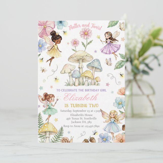 Fairy Princess Flower Garden Girls Birthday Einladung (Stehend Vorderseite)