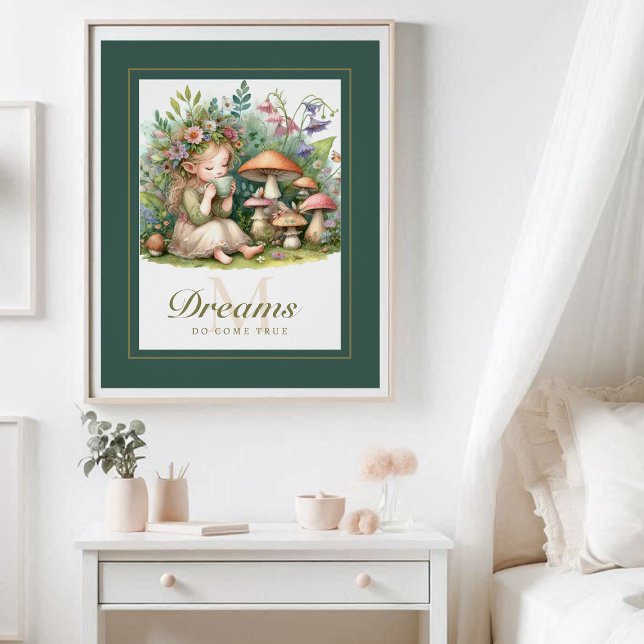 Fairy Princess Magic Tee Monogram Inspirational Poster (enchanted garden fairy princess tea mushrooms nursery kids decor poster personalized monogram cute)