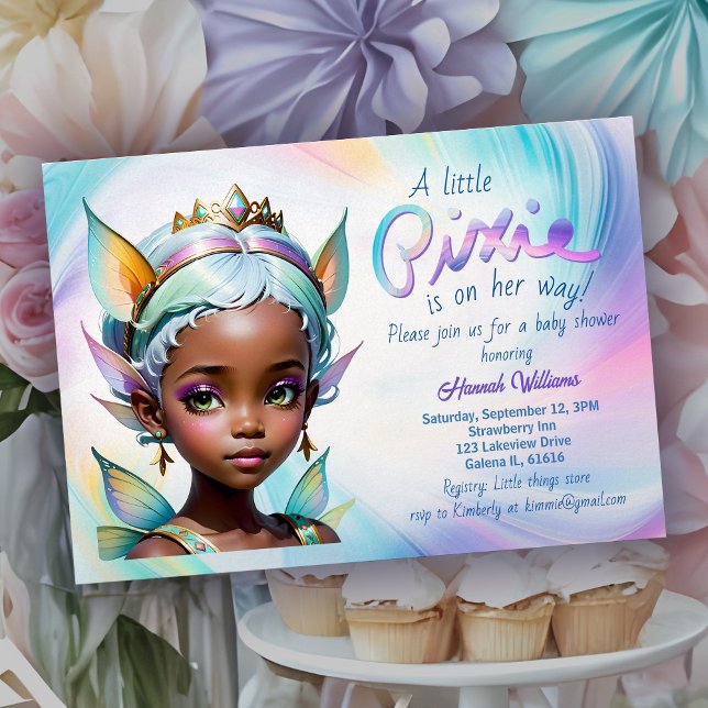 Fairy Princess Magical Pixie African Baby Dusche Einladung (African American baby shower invitation with fairy princess and sweet rainbow pastel candy colors)