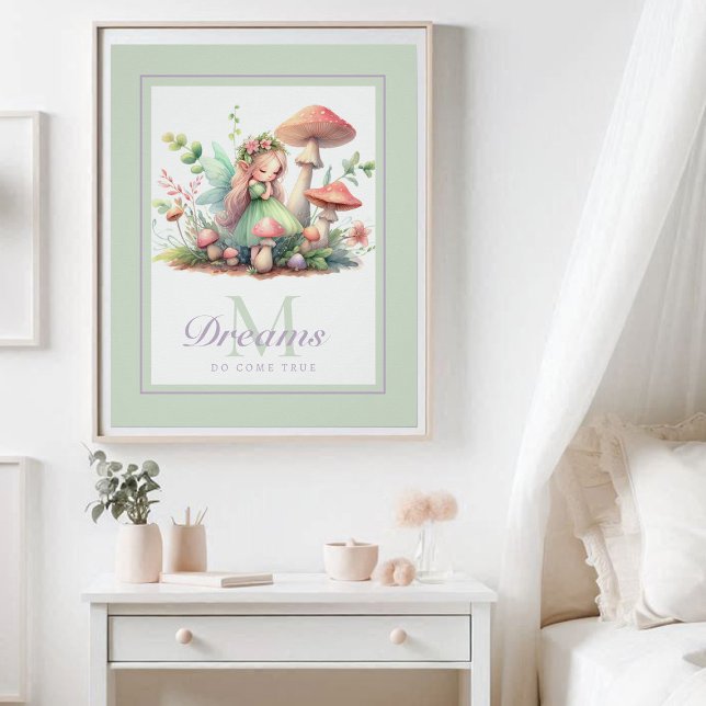 Fairy Princess Mushroom Garden Poster (enchanted garden fairy princess tea mushrooms garden nursery kids decor personalized monogram cute)