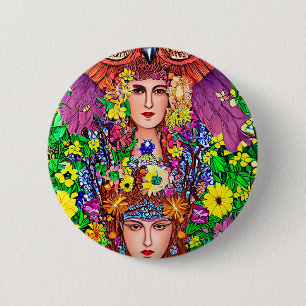 Fairy Princess Sisters Owl Original Art Nouveau Button