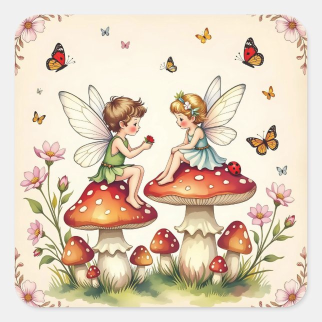 Fairy Proposing on Mushrooms Vintage Quadratischer Aufkleber (Vorderseite)