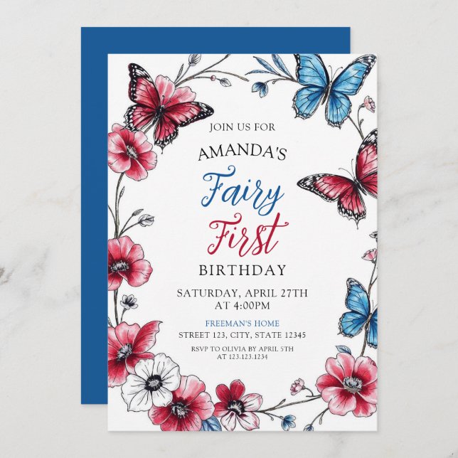 Fairy Red & Blue Butterfly Floral Erster Geburtsta Einladung (Vorne/Hinten)