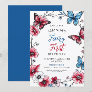 Fairy Red & Blue Butterfly Floral Erster Geburtsta Einladung