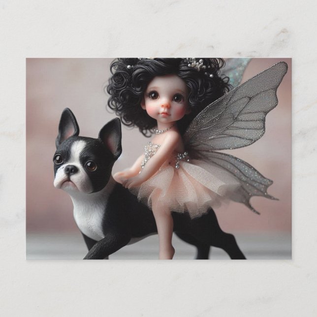 Fairy Riding a Boston Terrier Fantasy Postkarte (Vorderseite)