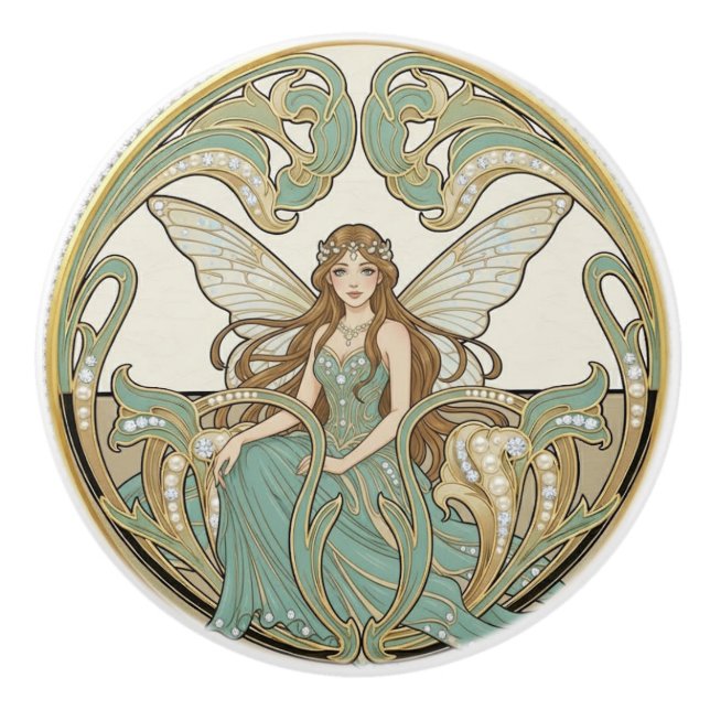 Fairy Sage Green & Gold Art Deco Nouveau Keramikknauf (Vorderseite)