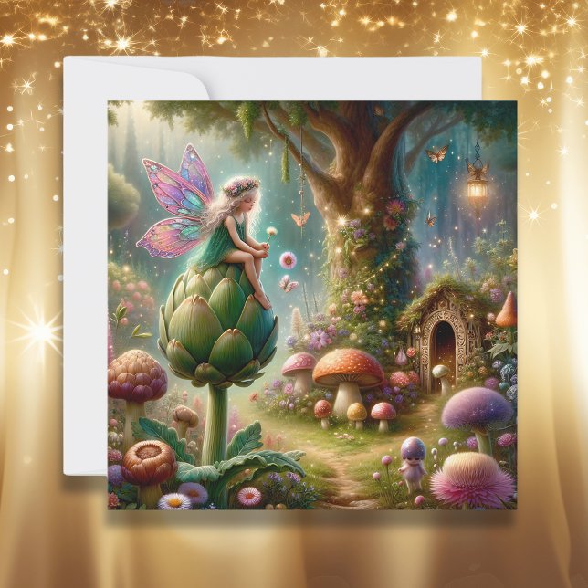 Fairy sitzt auf einer Artichoke Magical Illutratio Karte (Von Creator hochgeladen)
