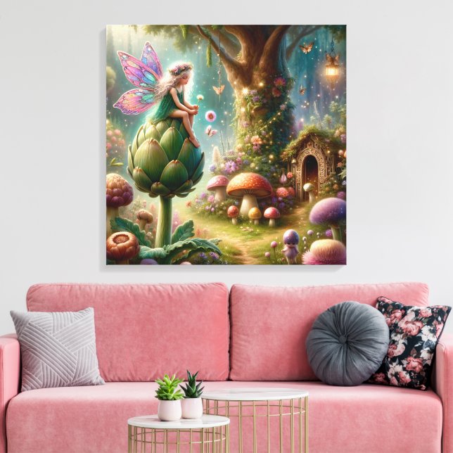 Fairy sitzt auf einer Artichoke Magical Illutratio Leinwanddruck (Insitu (Wohnzimmer))