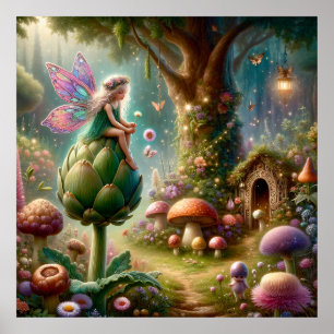 Fairy sitzt auf einer Artichoke Magical Illutratio Poster