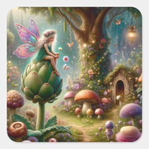 Fairy sitzt auf einer Artichoke Magical Illutratio Quadratischer Aufkleber