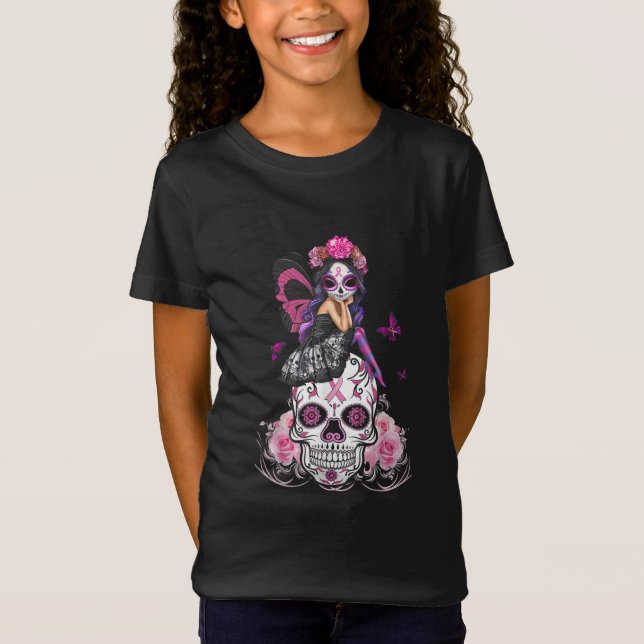 Fairy Sugar Skull Butterfly Pink Ribbon T-Shirt (Vorderseite)