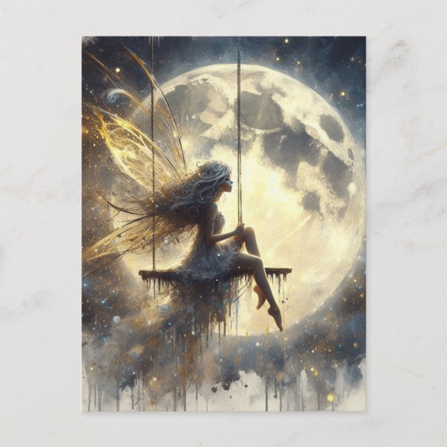 Fairy Swinging vor dem Mond Postkarte (Vorderseite)