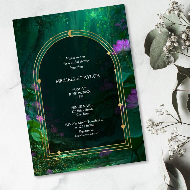 Fairy Tale Bezaubernder Wald Elegante Einladung (green emerald enchanted forest with purple lotus flowers, dark arch framed with gold)