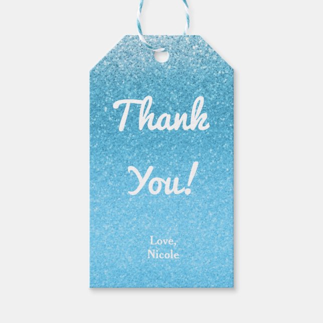 Fairy Tale Blue Glitzer Sweet 16 Gastgeschenk Geschenkanhänger (Vorderseite)