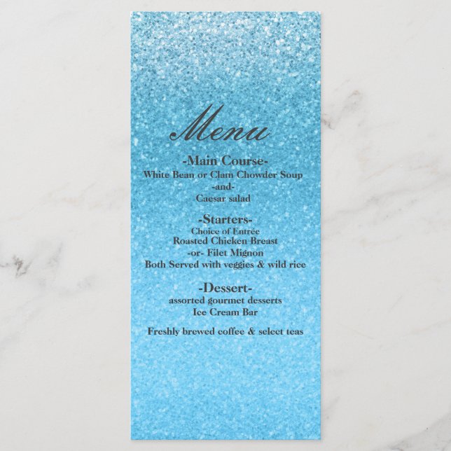 Fairy Tale Blue Glitzer Sweet 16 Glam Party Menu Menükarte (Vorderseite)