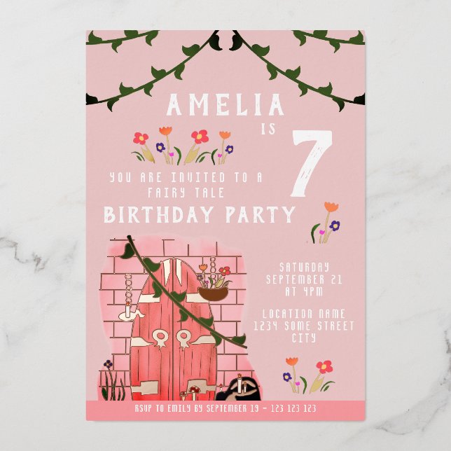 Fairy Tale Door Girl Birthday Party Gold Folieneinladung (Vorderseite)