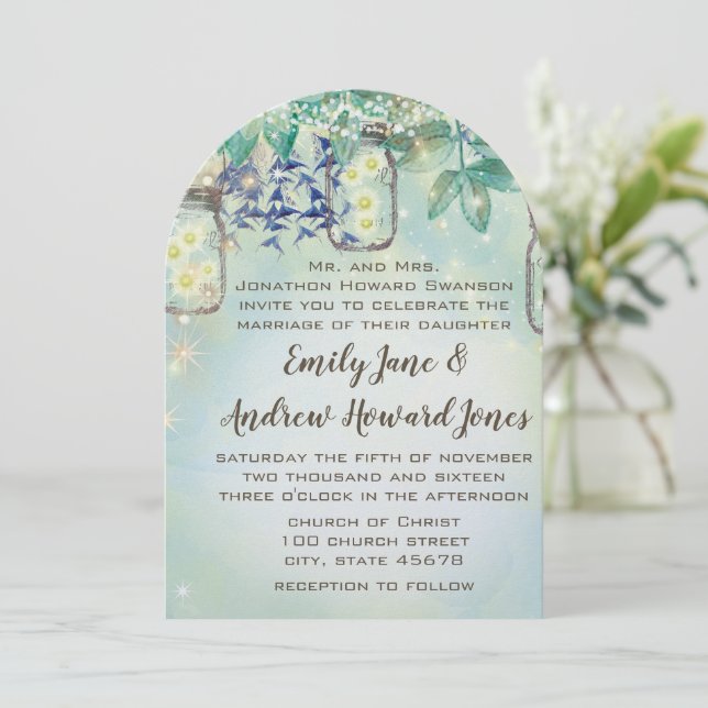 Fairy Tale Forest Blue Green Mason Jar Wedding Einladung (Stehend Vorderseite)