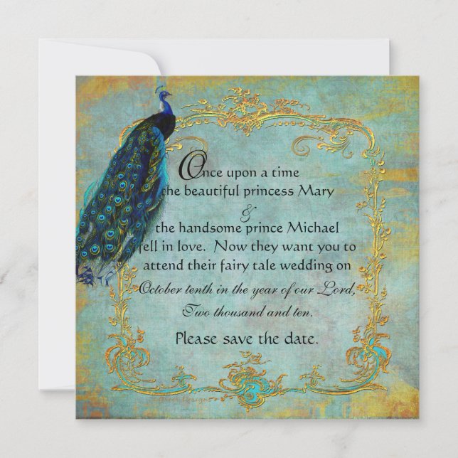 Fairy Tale Gold Filigree Peacock & Crown Save The Date (Vorderseite)