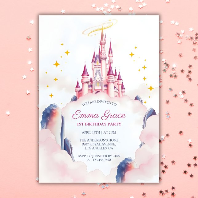 Fairy Tale Princess Burg Rosa Girl Einladung (Fairytale Princess Castle Pink Girl Birthday Invitation)