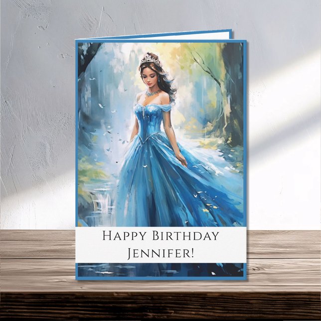 Fairy Tale Princess in Blue Happy Birthday Name Karte (Von Creator hochgeladen)