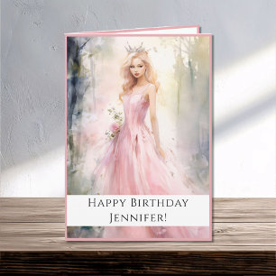 Fairy Tale Princess in Pink Happy Birthday Name Karte