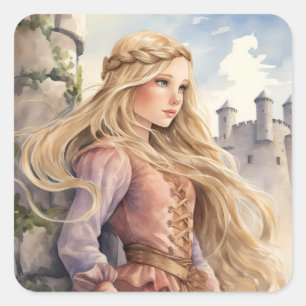 Fairy Tale Prinzessin Rapunzel und mittelalterlich Quadratischer Aufkleber
