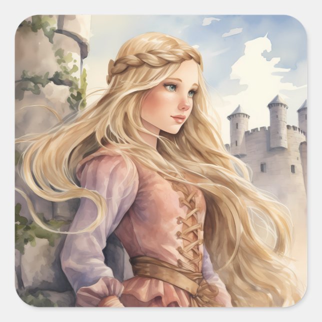 Fairy Tale Prinzessin Rapunzel und mittelalterlich Quadratischer Aufkleber (Vorderseite)
