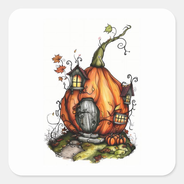 Fairy Tale Pumpkin House Quadratischer Aufkleber (Vorderseite)