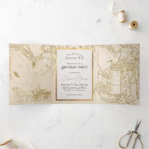 Fairy Tale Theme Castle Carriage Gold Glitzer Dreifach Gefaltete Einladung